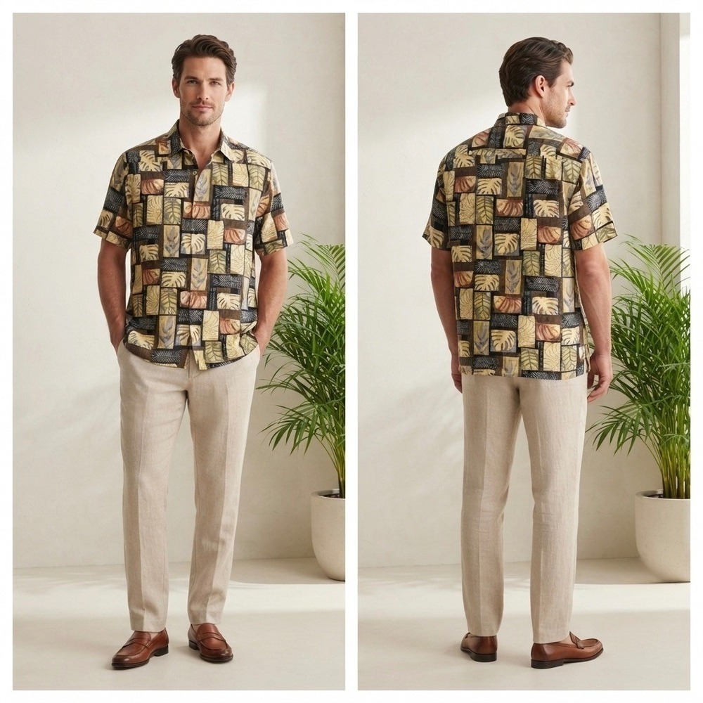 Tori Richard Men's Hawaiian Shirt Medium Lawn Patchwork Tropical Leaf‎